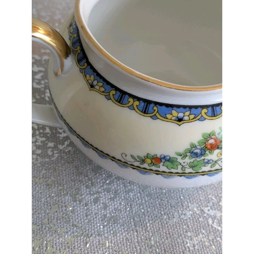 Noritake Avril China Creamer & Sugar w Lid 1918-1931 Floral Gold Blue Antique